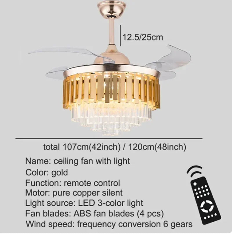 ventilateur moderne doré noir cristal brillant télécommande led élégant transparent fixations