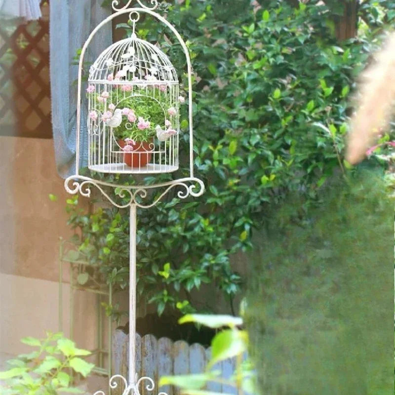 support plante cage oiseau métal motif feuilles vintage doré semi transparent pensées petunias