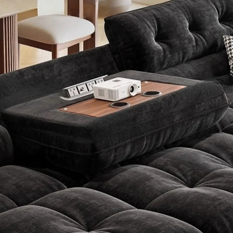canapé d'angle noir velours moderne pieds bois coussins