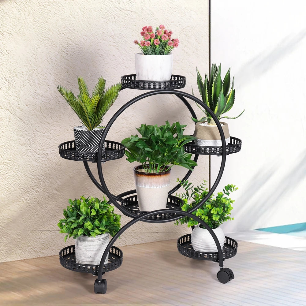 support fleurs roulettes robuste moderne noir blanc pot fleuri plante verte ajouré minimaliste