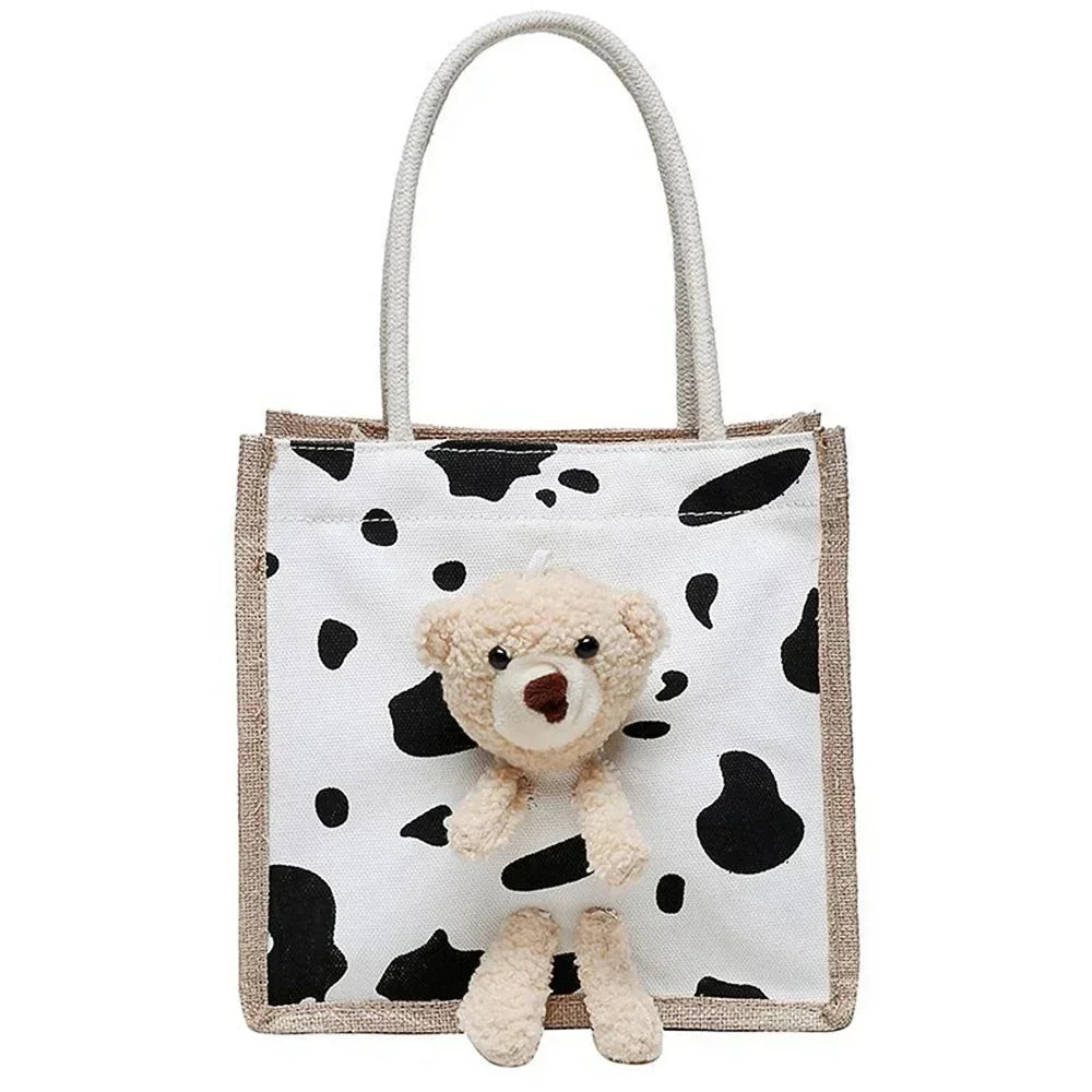 sac main toile vache motif moderne ours peluche poignées corde blanc noir tendance portable