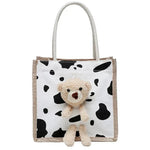 sac main toile vache motif moderne ours peluche poignées corde blanc noir tendance portable