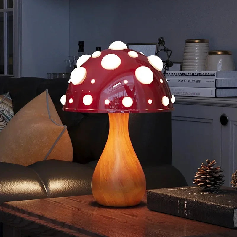 lampe poser led rouge blanche texture bois moderne points blancs chapeau