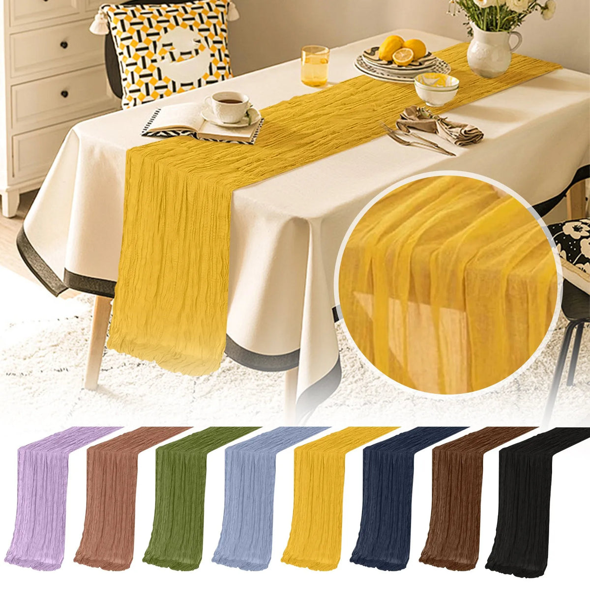 table chemin moderne élégant bleu clair jaune violet rose crêpe plissé polyester coton voile