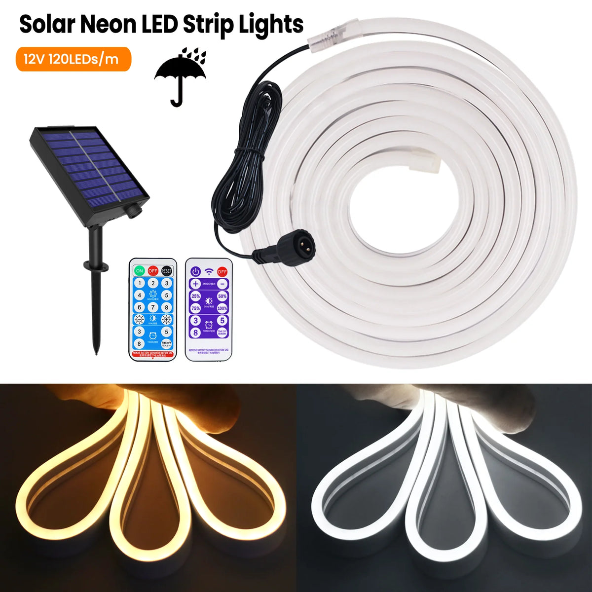ruban led neon solaire blanc jardin exterieur telecommande panneau solaire