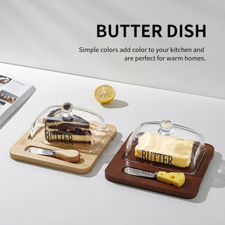 Beurrier en bois avec couvercle en verre et couteau - Plateau de rangement pour fromage et desserts