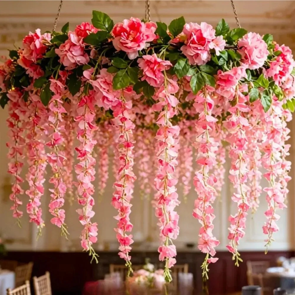 guirlande fleurs artificielles blanc rose feuilles décoration extérieure chaînes clips fixations