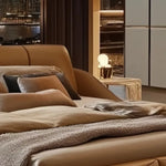 lit moderne bois couverture texturée beige noir gris master bedroom