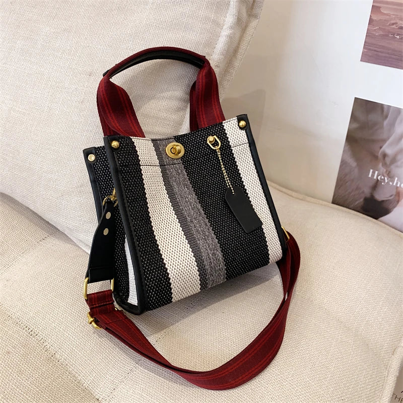 sac main femme toile polyvalent rayé poches intérieures appliques décontracté moderne casual