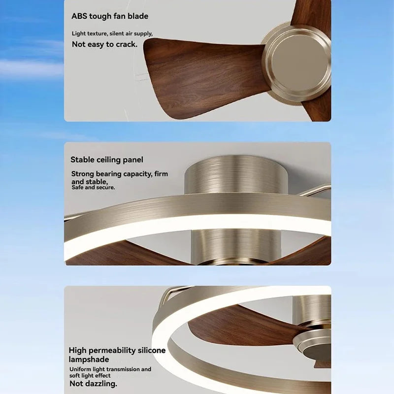 ventilateur lampe led moderne argenté bois foncé vitesses télécommande infinite dimming