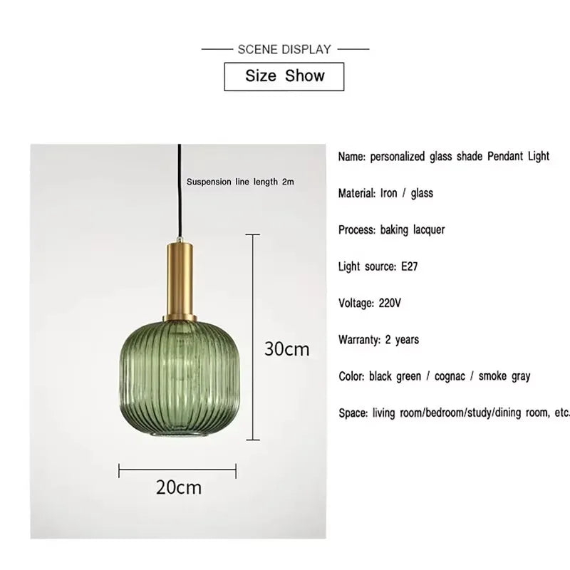 suspension lumineuse moderne or vert ampoule e27 rayures horizontales opacité 20cm 30cm