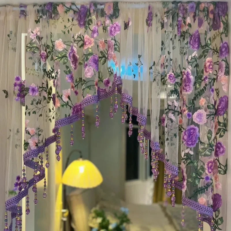 Rideau floral transparent brodé tulle papillons décoration romantique bohème maison