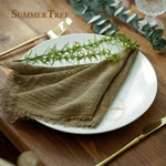 serviette coton beige rose blanc tissage fin bordures frangées rustique naturel