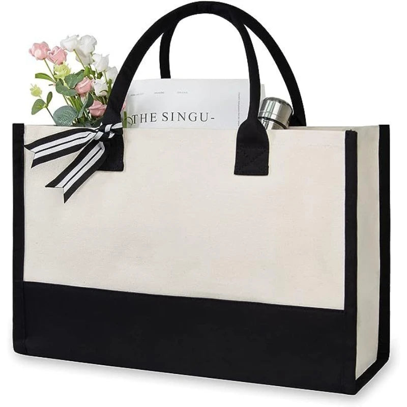 sac main toile lettre imprimée blanc noir rubans classique poignées intérieur noir zippé capacitaire