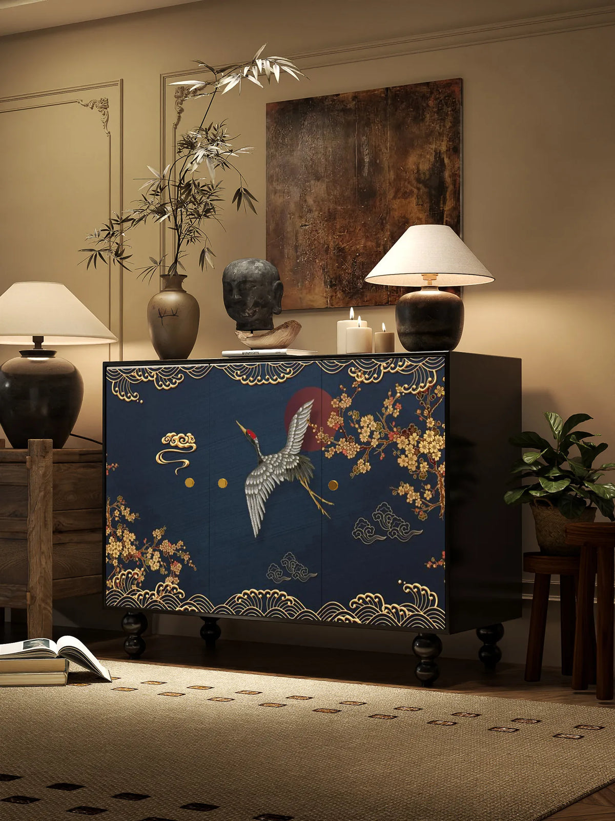 meuble salon quatre portes artisanal bois rouge jaune noir bleu