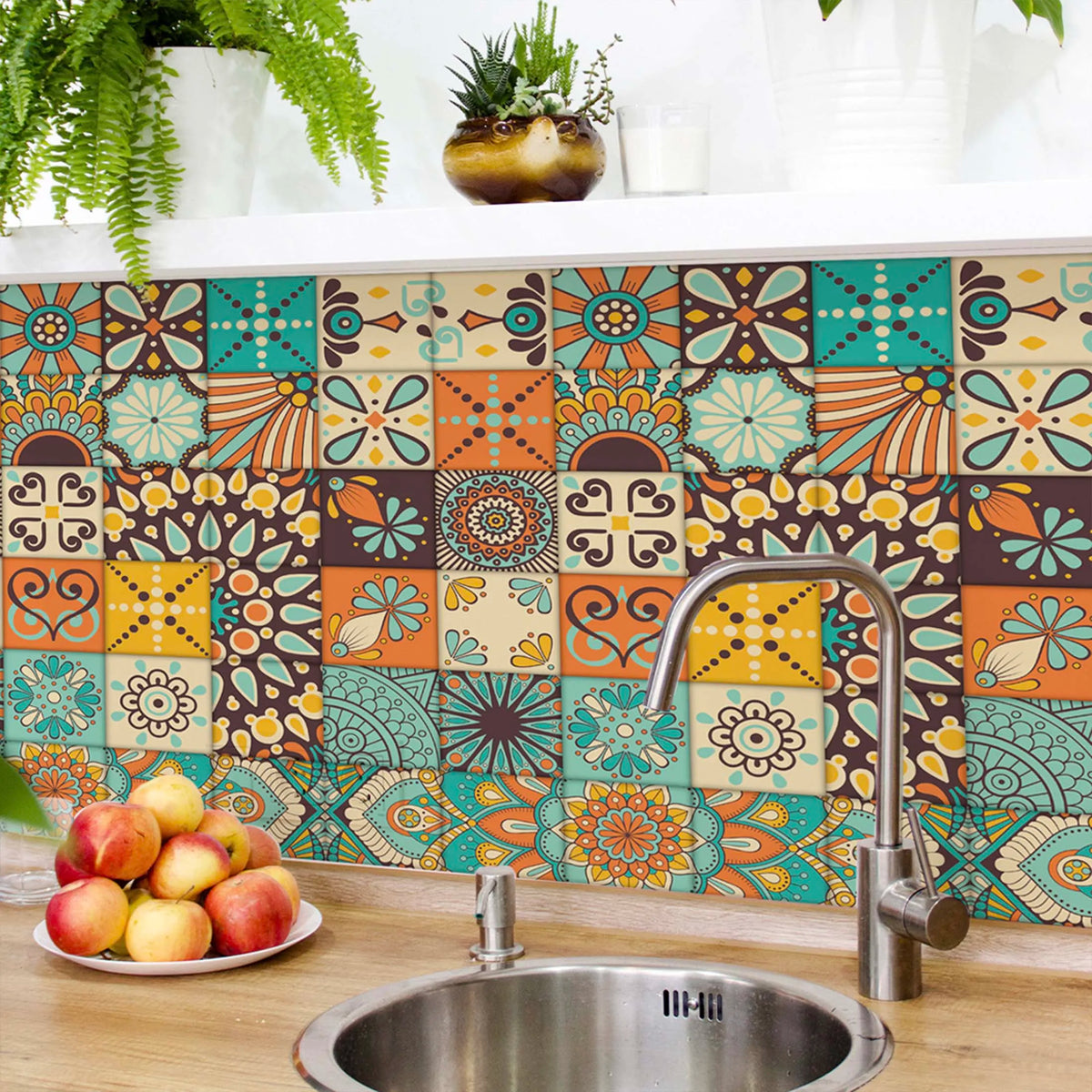 papier peint autocollant vintage patchwork floral multicolore bleu orange marron geometrique chambre cuisine