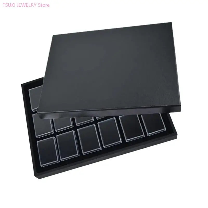 boîte bijoux moderne noire blanche transparente 18 compartiments plateaux carrés plastique minimaliste