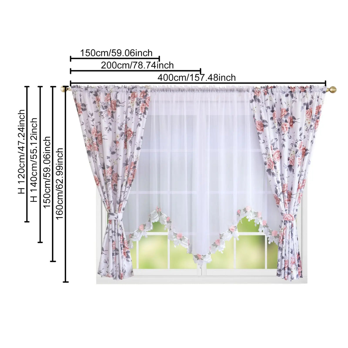 rideau polyester fleur rose dentelle blanche classique transparent dorés salon chambre coucher