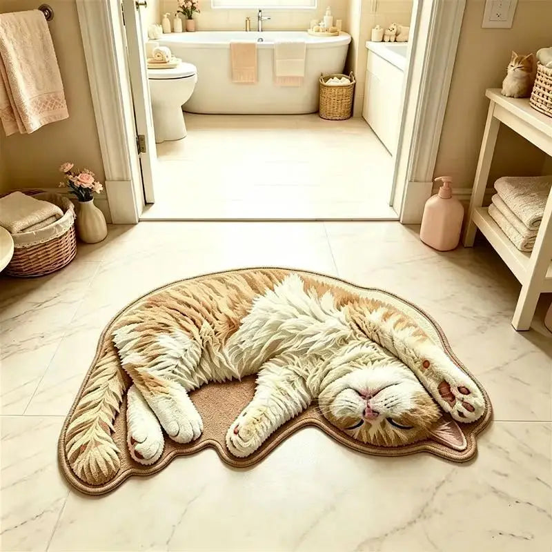 tapis chaton peluche gris rose orange oreilles pattes queue yeux fermés décoration maison