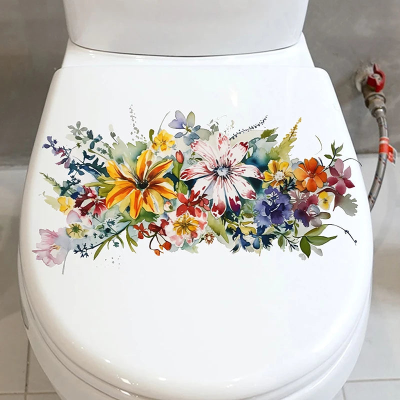 cache wc blanc fleurs colorées adhésif auto collant imperméable décoration salle bain hygiène