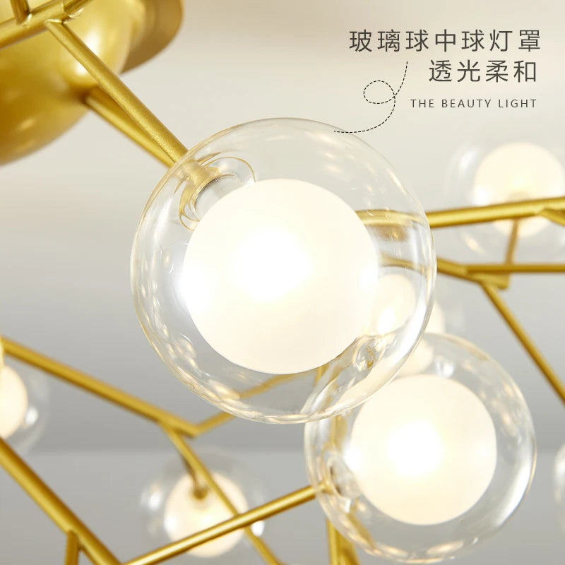 Suspension moderne or boules translucides 54 ampoules led grande taille chambre salon