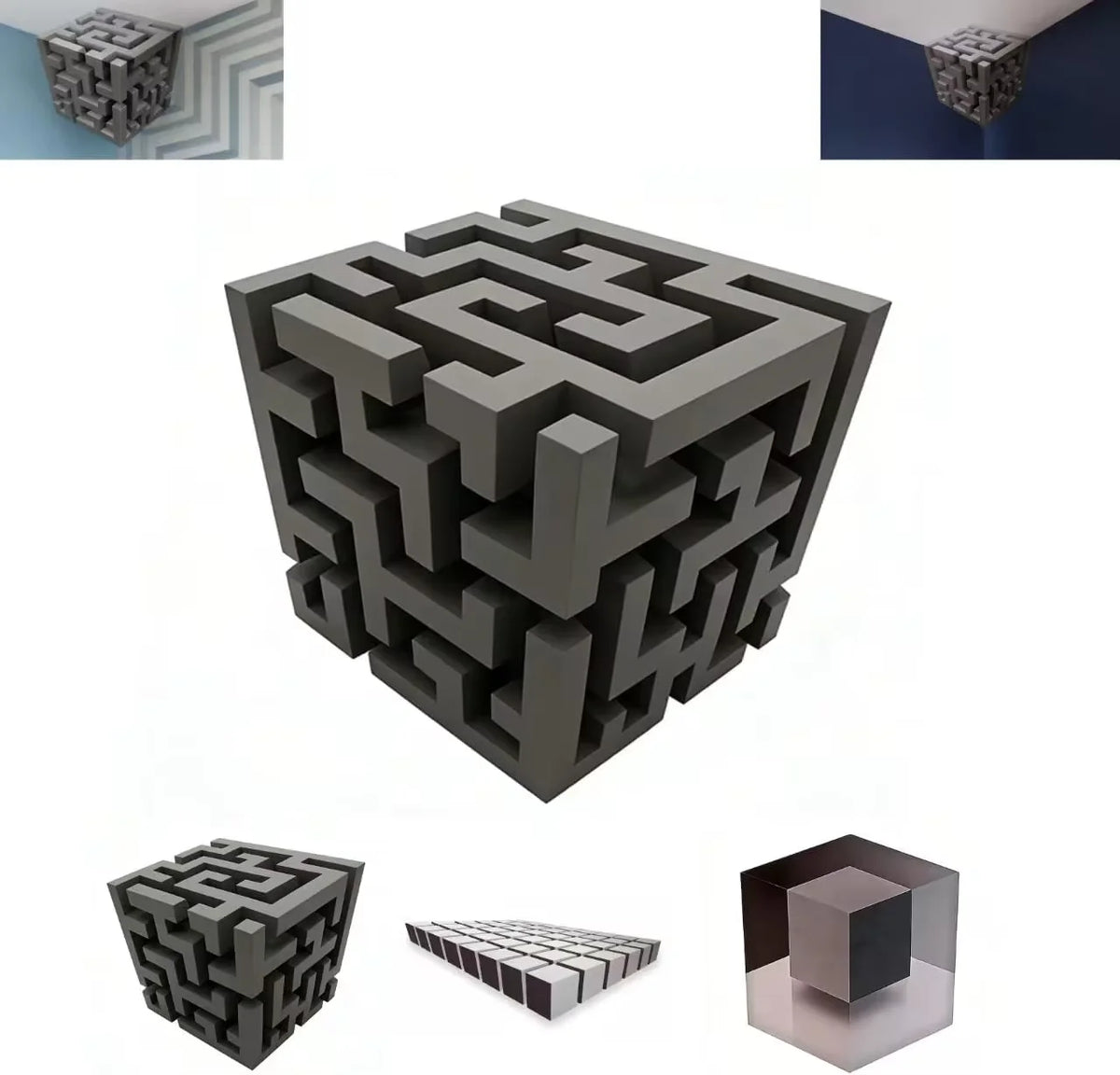 décoration murale 3d cube labyrinthe moderne adhésif gris noir illusion optique