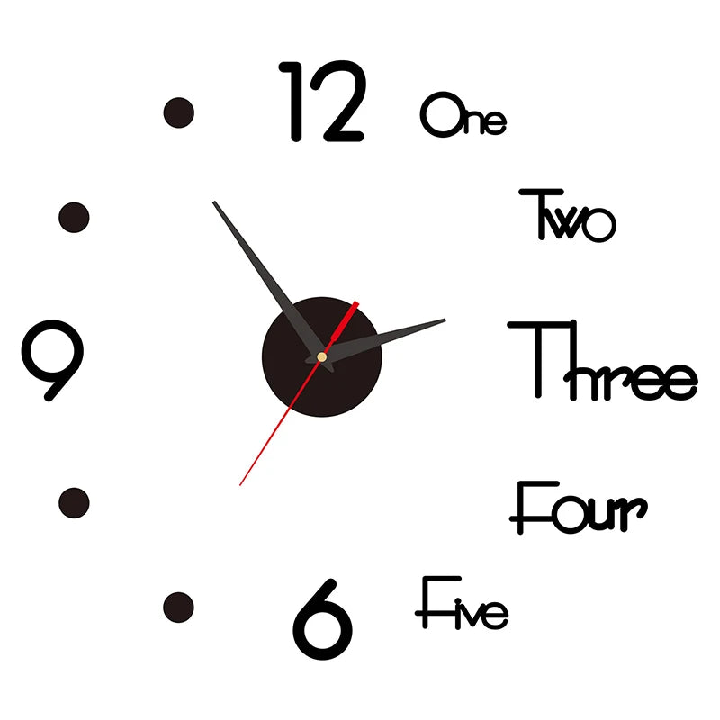 horloge murale moderne adhésive couleur noir rouge vert doré chiffres blancs points noirs transparente