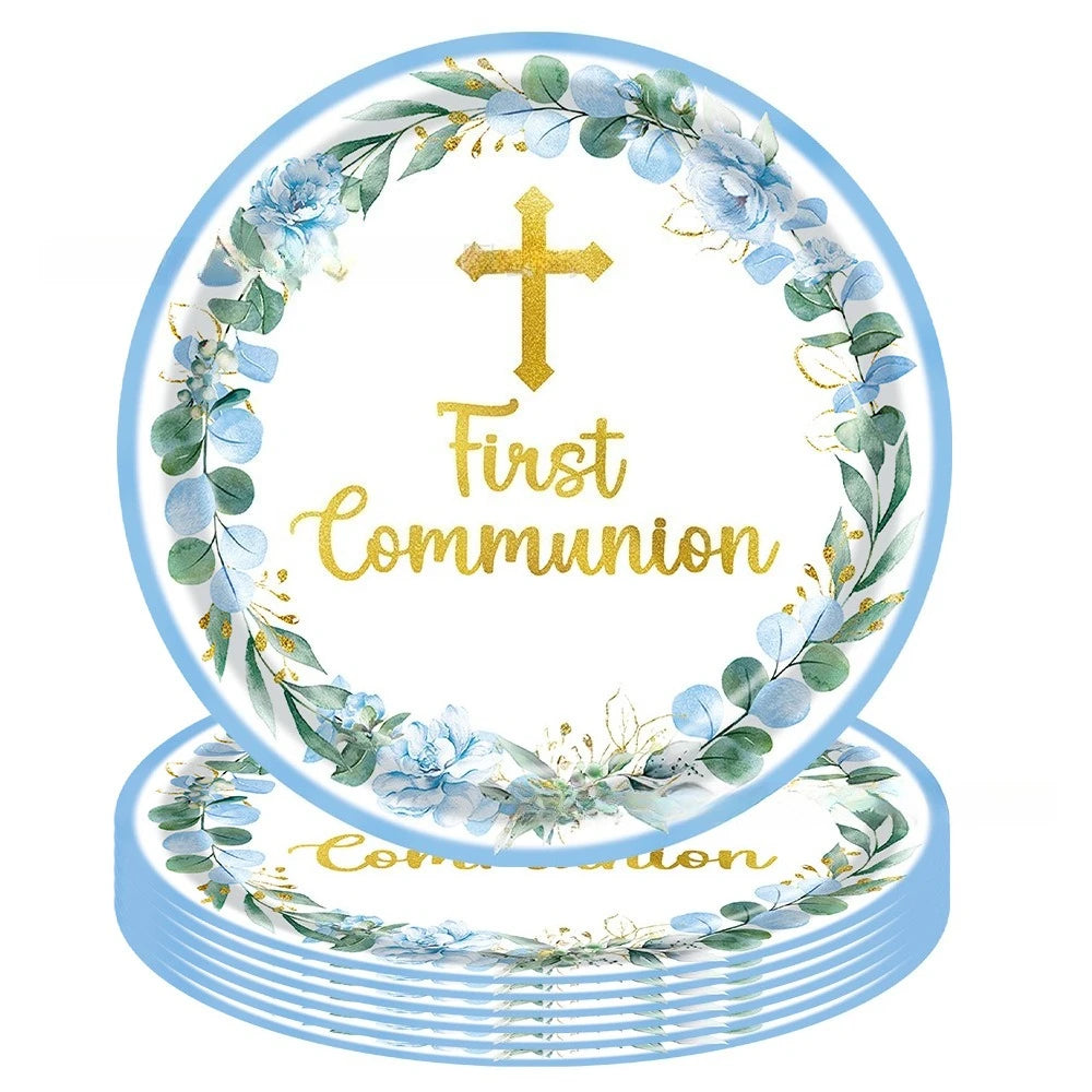 assiettes jetables thème eucharistique croix dorée fleurs mariage baptême anniversaire fêtes enfants