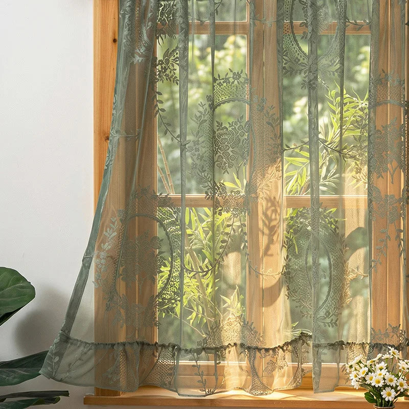 rideau vert clair noir floral translucide classique romantique fenêtre sans perçage
