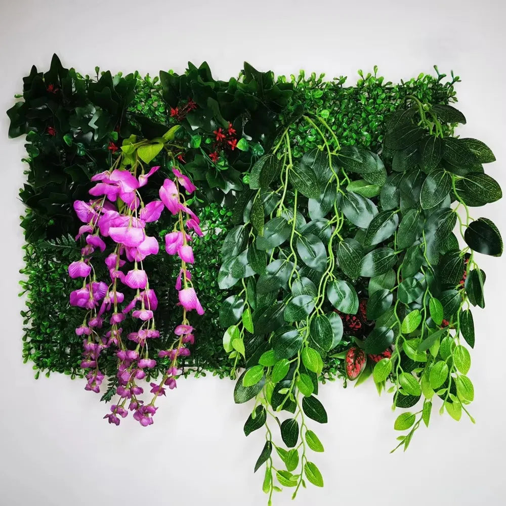 plantes artificielles vertes feuilles variées fruits rouges extérieures accrochées décoration naturelle maison exposition