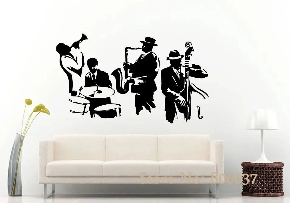 sticker mural musiciens instruments jazz noir jaune rose bleu orange artiste solide carrelage mur