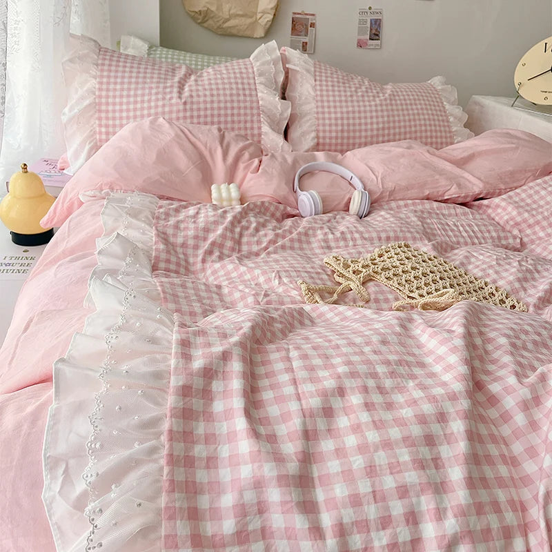 ensemble literie rose clair carreaux doux romantique housses ultra douces 180x220cm 200x230cm