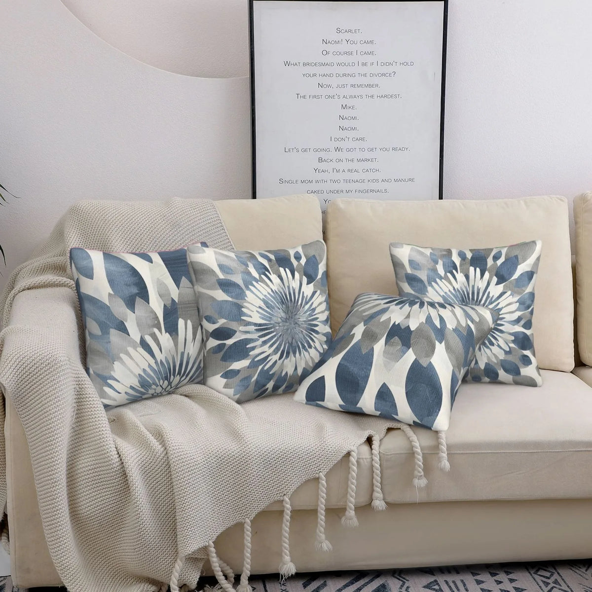 housse coussin polyester motif floral moderne bleu blanc lit salon voiture