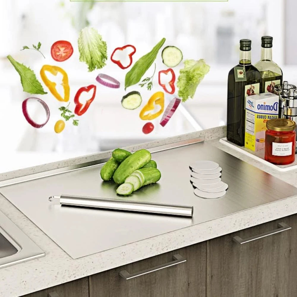 planche découper acier inoxydable moderne rectangle bord antidérapant effet brossé cuisine minimaliste