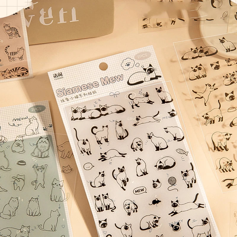 autocollants transparents chats mignon geometrie adhesifs scrapbooking noir blanc rose vert clair kawaii cartoonaufs