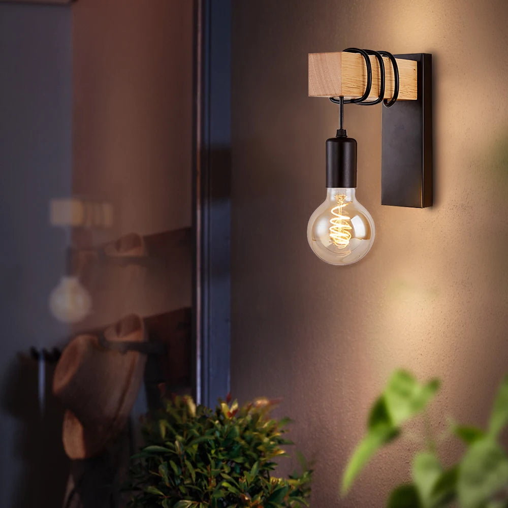 lampe murale industrielle moderne bois naturel noir verre opalin éclairage cuisine chambre coucher