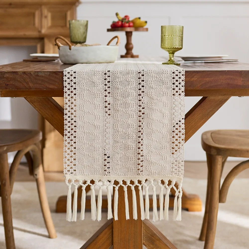 chemin table boho rustique franges motifs géométriques coton polyester décoration table manger fête