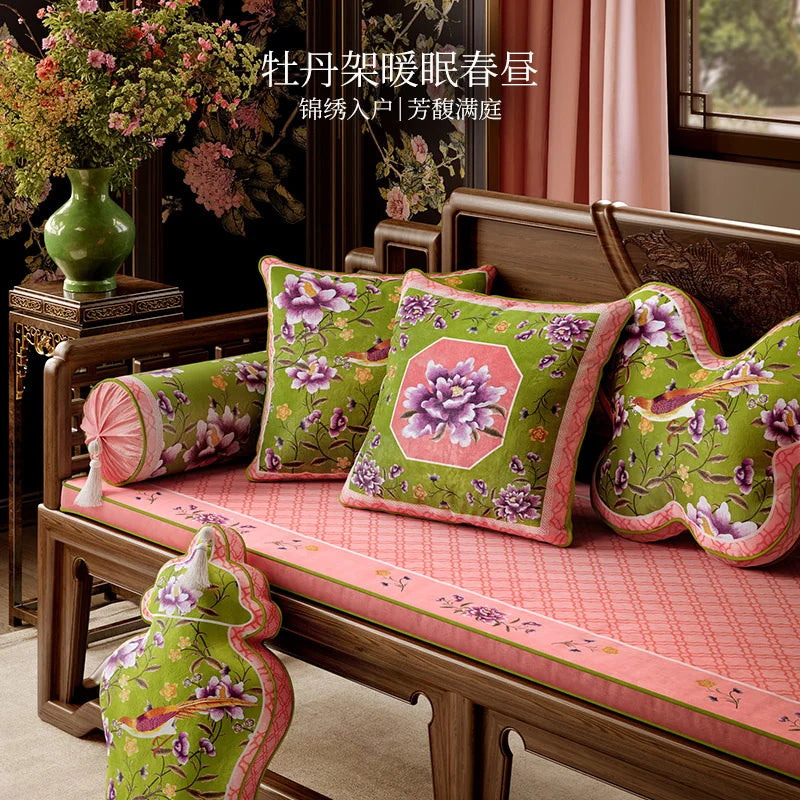 coussin carré velours fleur peony oiseau classique vert rose violet blanc