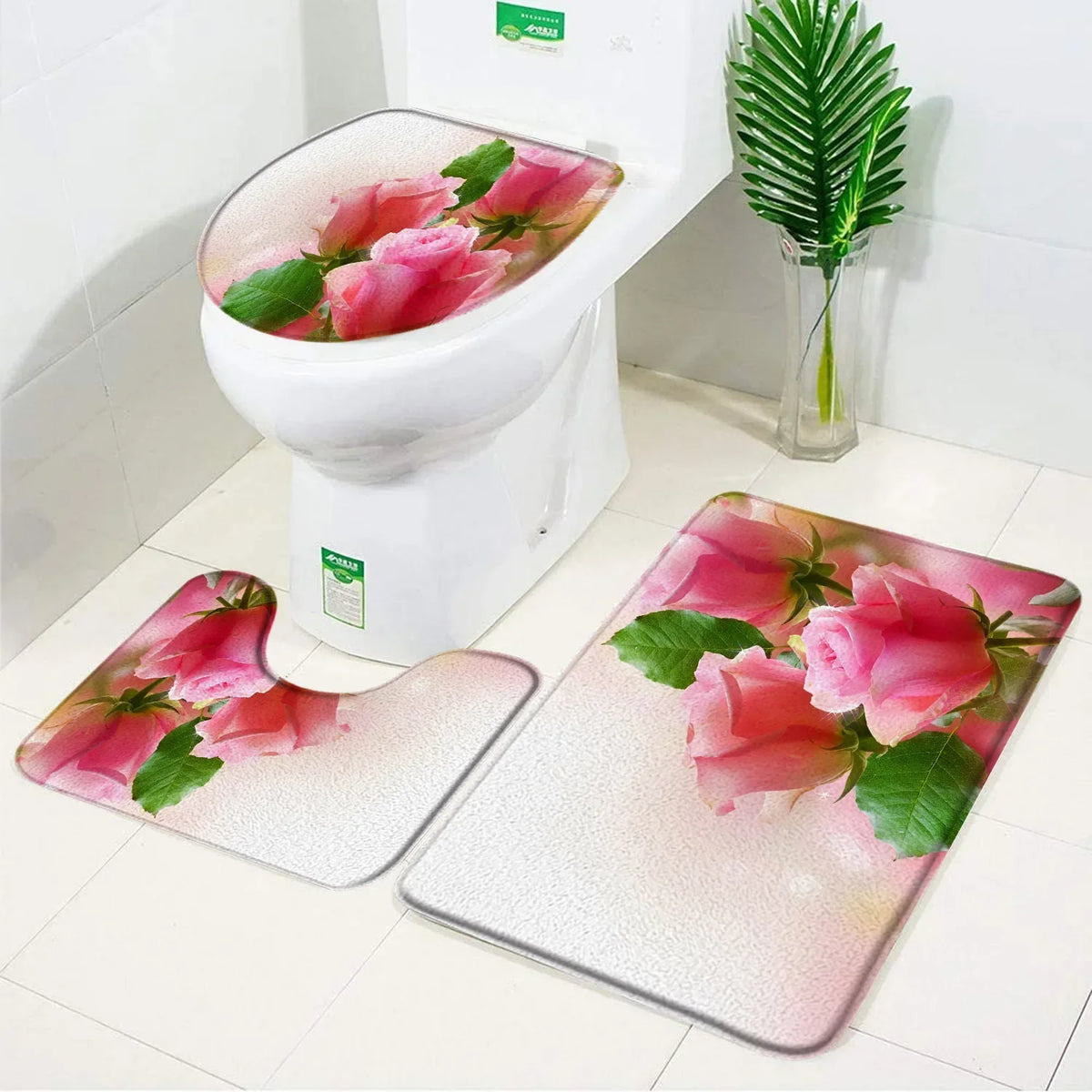 ensemble tapis bain salle bain rouge fleurs roses motif moderne coton doux décoratif