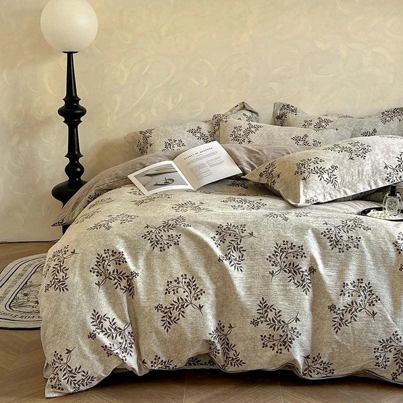 ensemble literie coton lin bleu gris motifs floraux drap plat taies oreillers vintage douillet