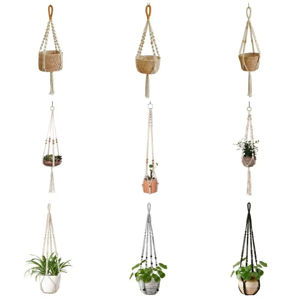 support plante suspendue macramé boho blanc beige noir artisanal anneaux métalliques pot plante