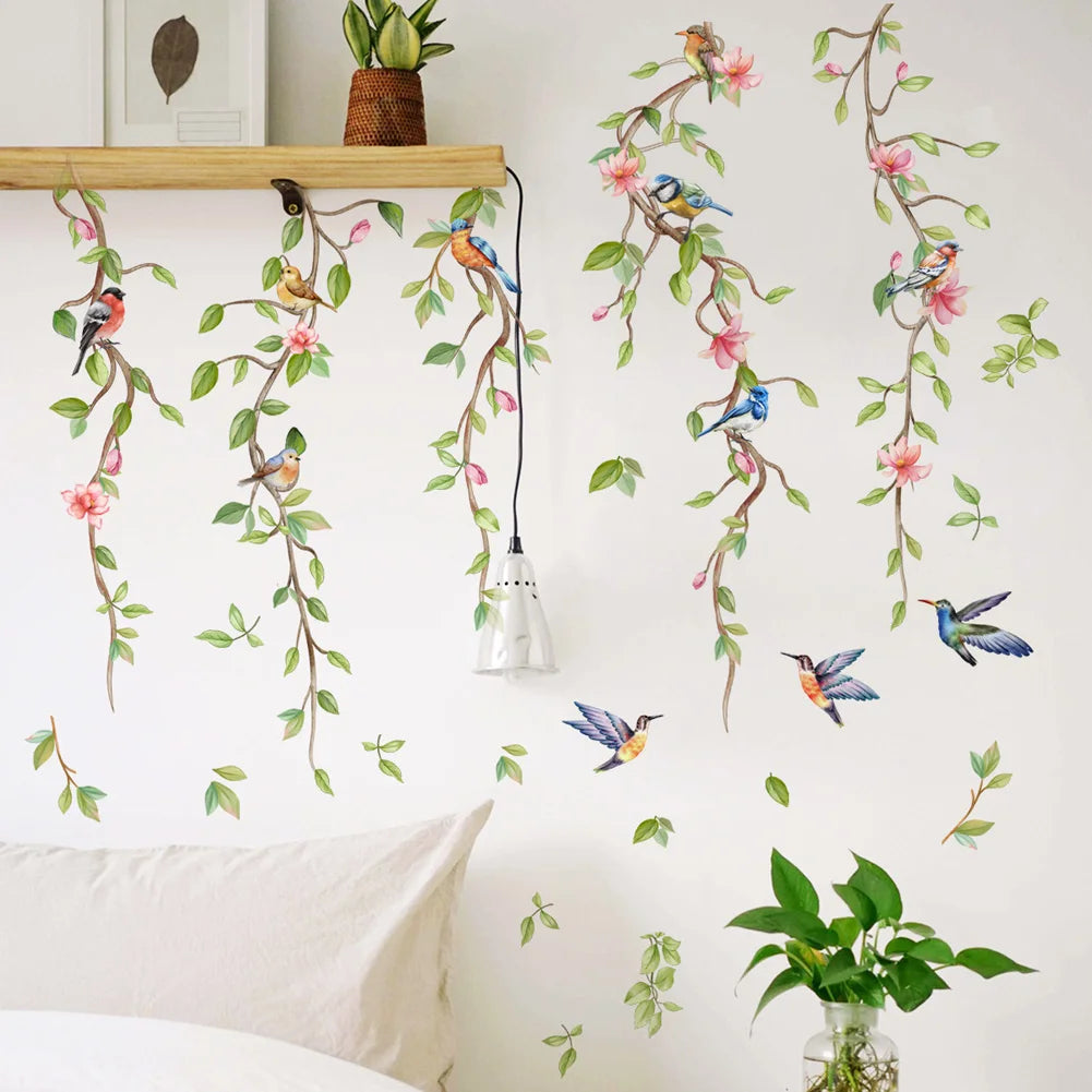 sticker mural branches fleurs oiseaux decoration chambre salon autoadhésif pvc 30x60cm 2pcs art floral