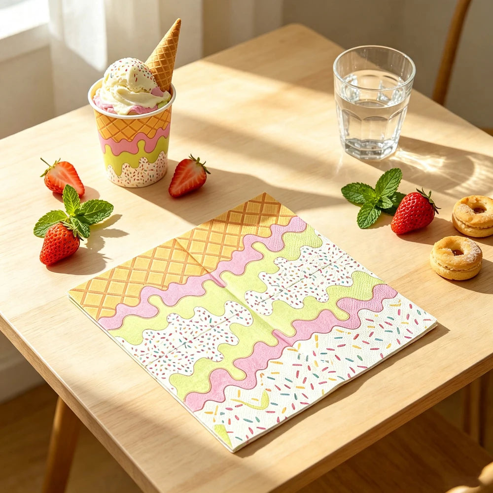 serviettes papier motifs desserts pliées rose vert jaune blanc festives anniversaire enfants transparentes