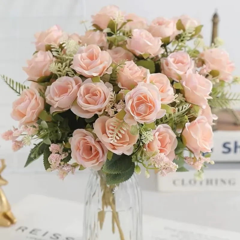 bouquet roses artificielles 30cm soie blanc rose rouge naturel decoration maison vase fleurs intérieur