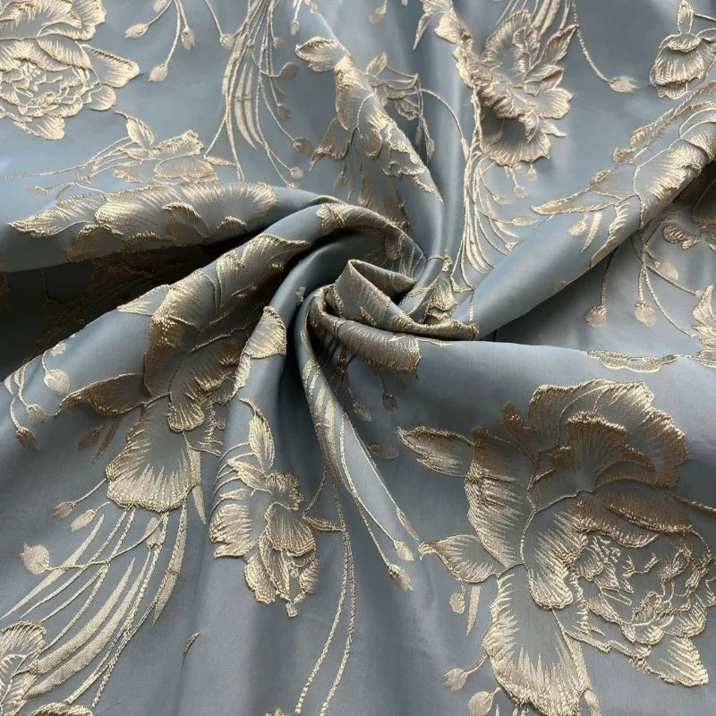 tissu polyester floral brodé bleu gris doré largeur 145cm opaque couture decoration robes rideaux