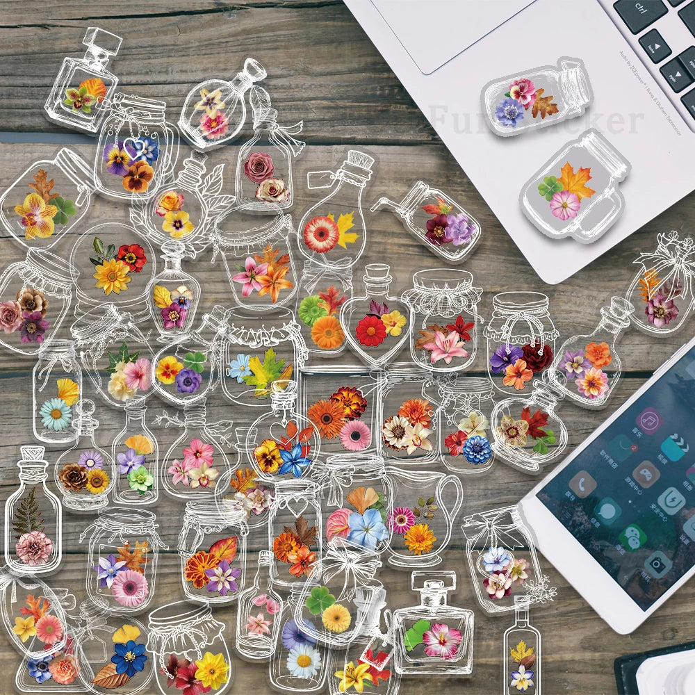 stickers adhésifs fleurs séchées multicolores transparents bohème floral 50 pièces