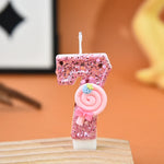bougies numériques sucettes roses paillettes décoratives enfantine anniversaire fête tringle fixée chiffres bonbons rubans