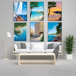 Une collection d'affiches vintage illustrant les paysages et les attraits touristiques de diverses destinations maritimes.