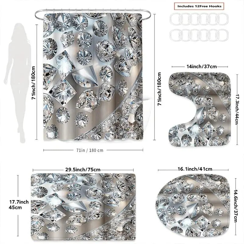 rideau douche moderne diamants gris blanc tapis antidérapant ensemble pièces crochets