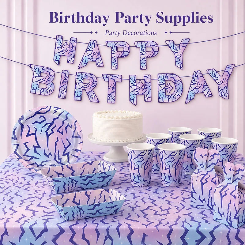 vaisselle jetable fête anniversaire assiettes gobelets serviettes tableau violet blanc bleu moderne